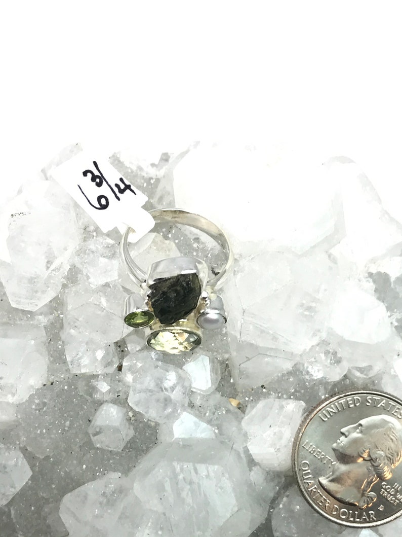 Green Amethyst Peridot Natural Green Moldavite and Pearl Ring Size 6 34