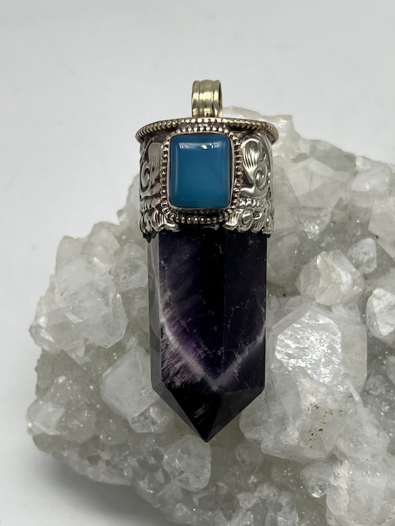 Huge Chevron Amethyst and Blue Chalcedony Point Pendant