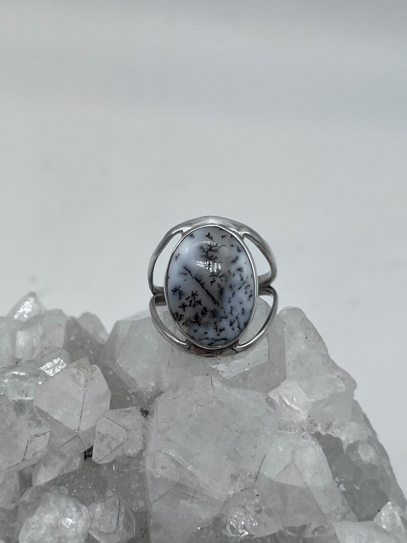 May include: A silver ring with a dendritic agate stone set in a bezel setting. The stone is a light gray with black dendritic patterns.