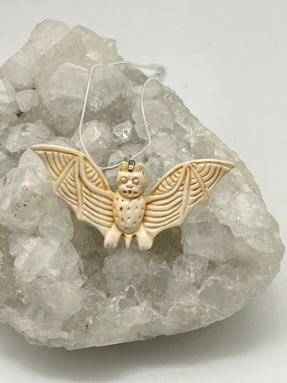 Carved Bone Bat Pendant Gem
