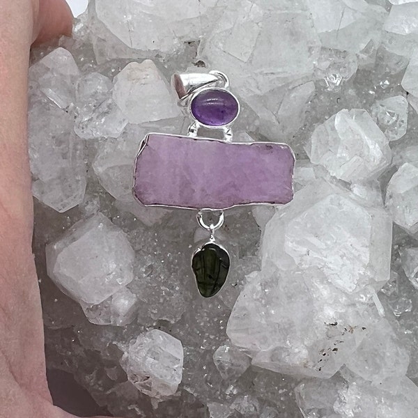 Pink Kunzite, Amethyst and Carved Green Tourmaline Pendant