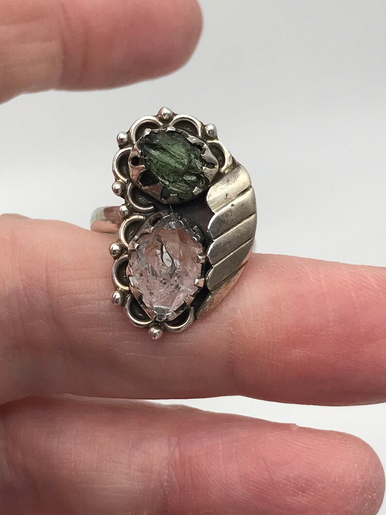 Natural Green Moldavite and Herkimer Diamond Ring Size 7