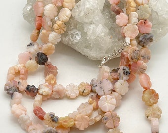 Three Strand Pink Opal Cherry Blossom Beaded Necklace (18") and Bracelet (8-9") Set