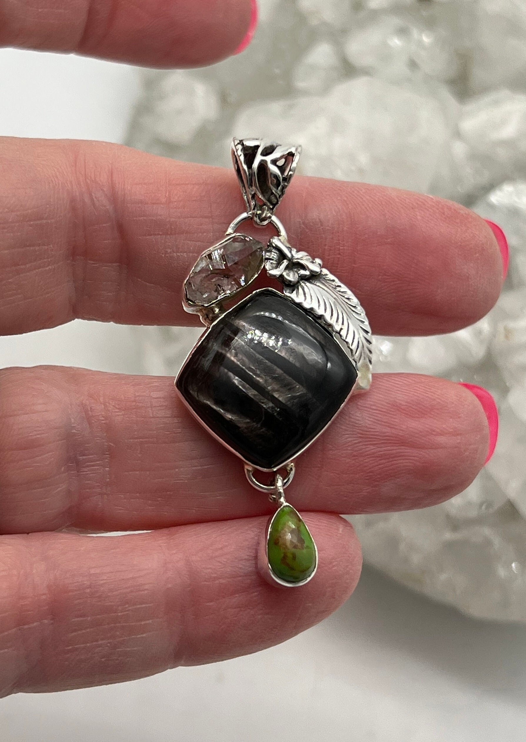 Unique Hypersthene, Green Turquoise and Herkimer Diamond Pendant