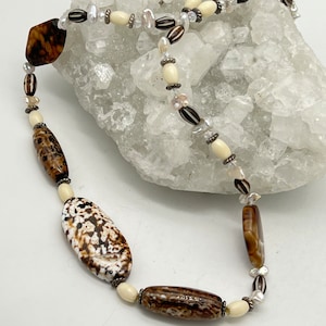 Agate, Bone, Freshwater Pearl and Leopard Skin Jasper Beaded Necklace-23”