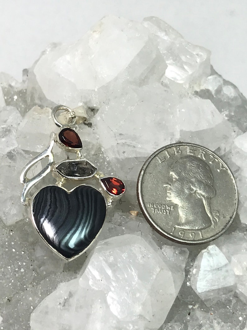 Garnet and Herkimer Diamond Heart Pendant Psilomelane