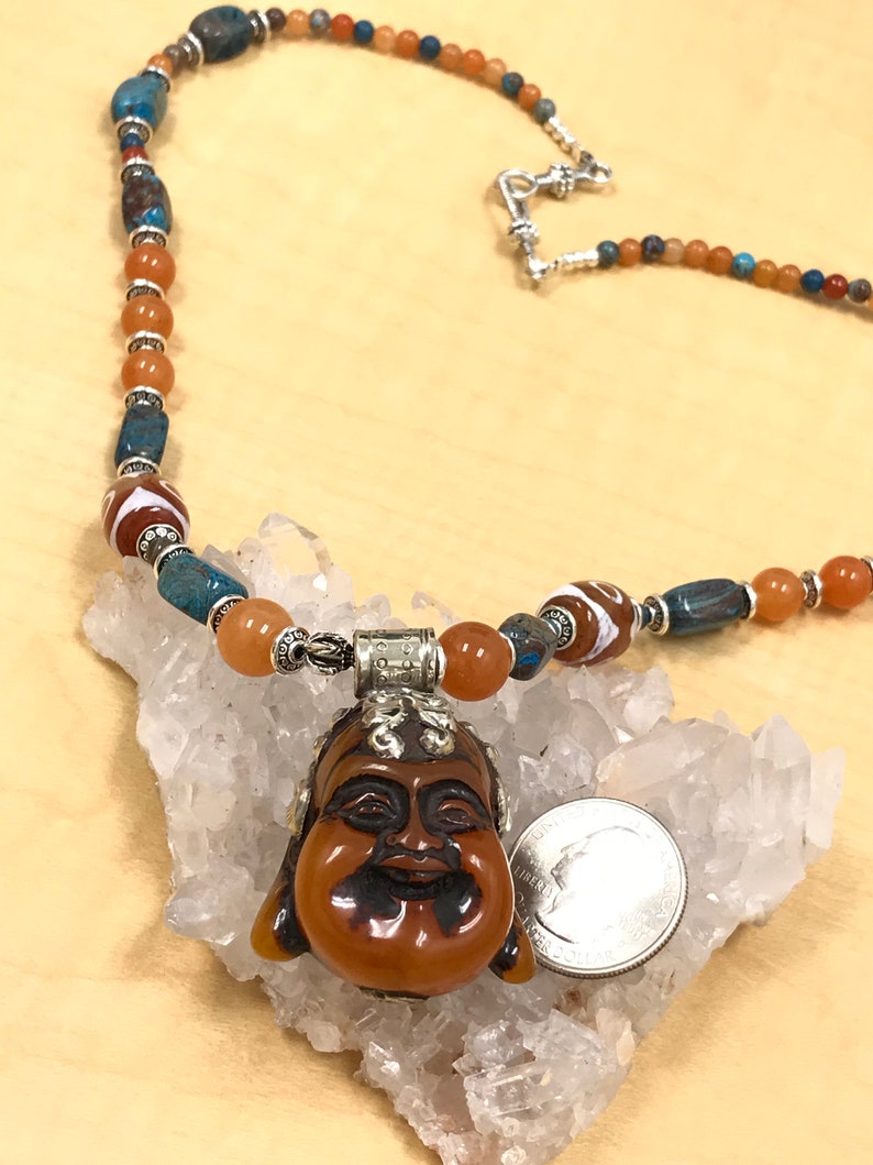 Lucite shops Buddha with Carnelian and Chrysocolla Beaded Necklace