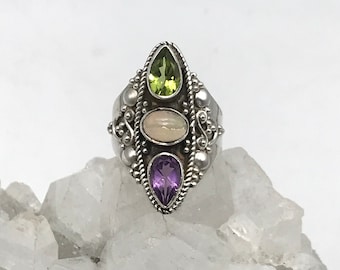 Ethiopian Opal, Peridot and Amethyst Ring, Size 6 1/2