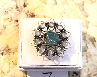 Rough Aquamarine and Moonstone Ring Size 7