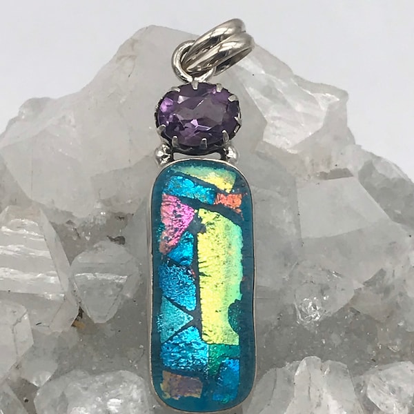 Dichroic Glass and Amethyst Pendant Necklace