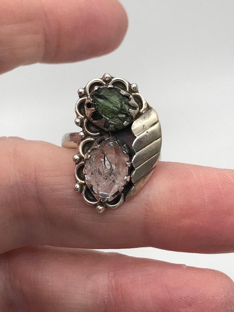 Natural Green Moldavite and Herkimer Diamond Ring Size 7