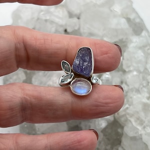 Rough Tanzanite, Moonstone and Blue Topaz Ring, Size 8 1/2