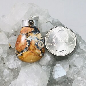 May include: A pendant with a silver bail and a teardrop-shaped stone. The stone features a mix of tan, brown, and blue patterns. A quarter is next to the pendant for size comparison.