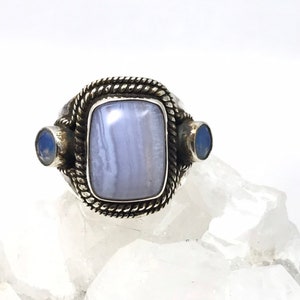 CLEARANCE CLEARANCE Blue Lace Agate and Moonstone Ring, Size 7