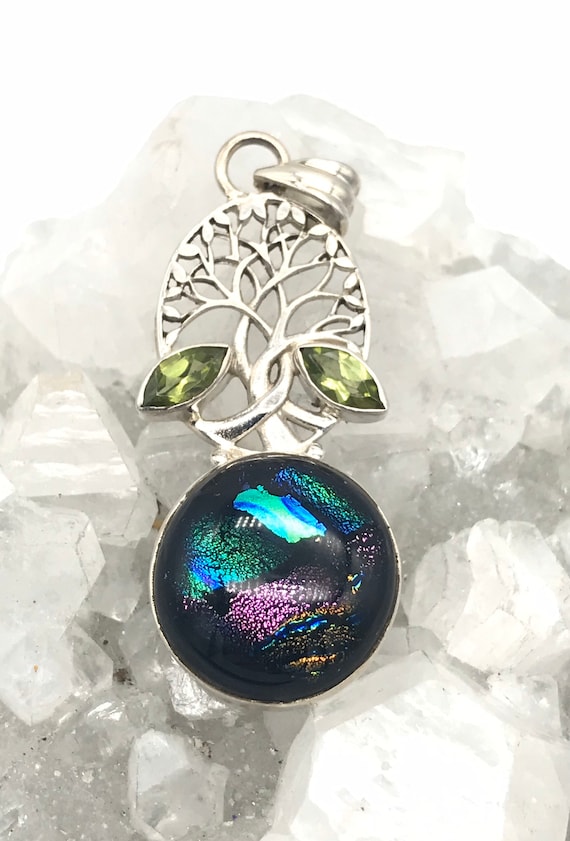 Dichroic Glass and Peridot Tree of Life Pendant Necklace | Etsy