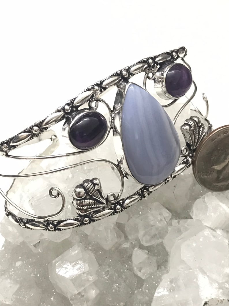 CLEARANCE Blue Lace Agate and Amethyst Bangle or Arm Cuff