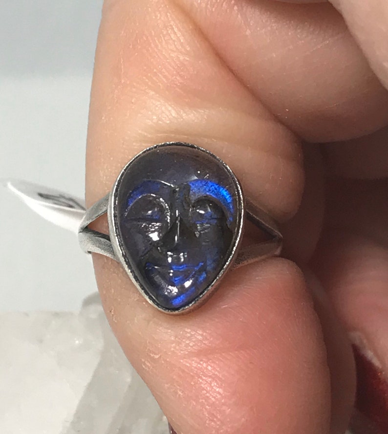 Moody Blue Labradorite Carved Face Ring Size 5 12