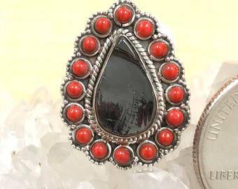 Black Shungite and Red Coral Ring Size 6