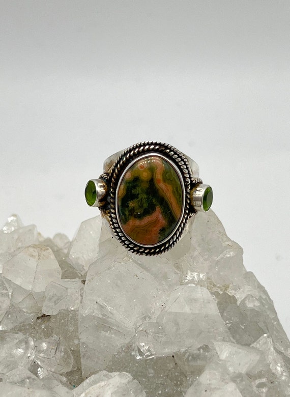Ocean Jasper and Peridot Ring, Size 8 1/2