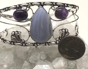 CLEARANCE Blue Lace Agate and Amethyst Bangle or Arm Cuff