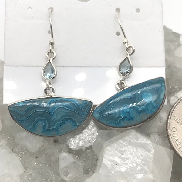 Boucles d'oreilles agate mexicaine Blue Laguna et topaze bleue