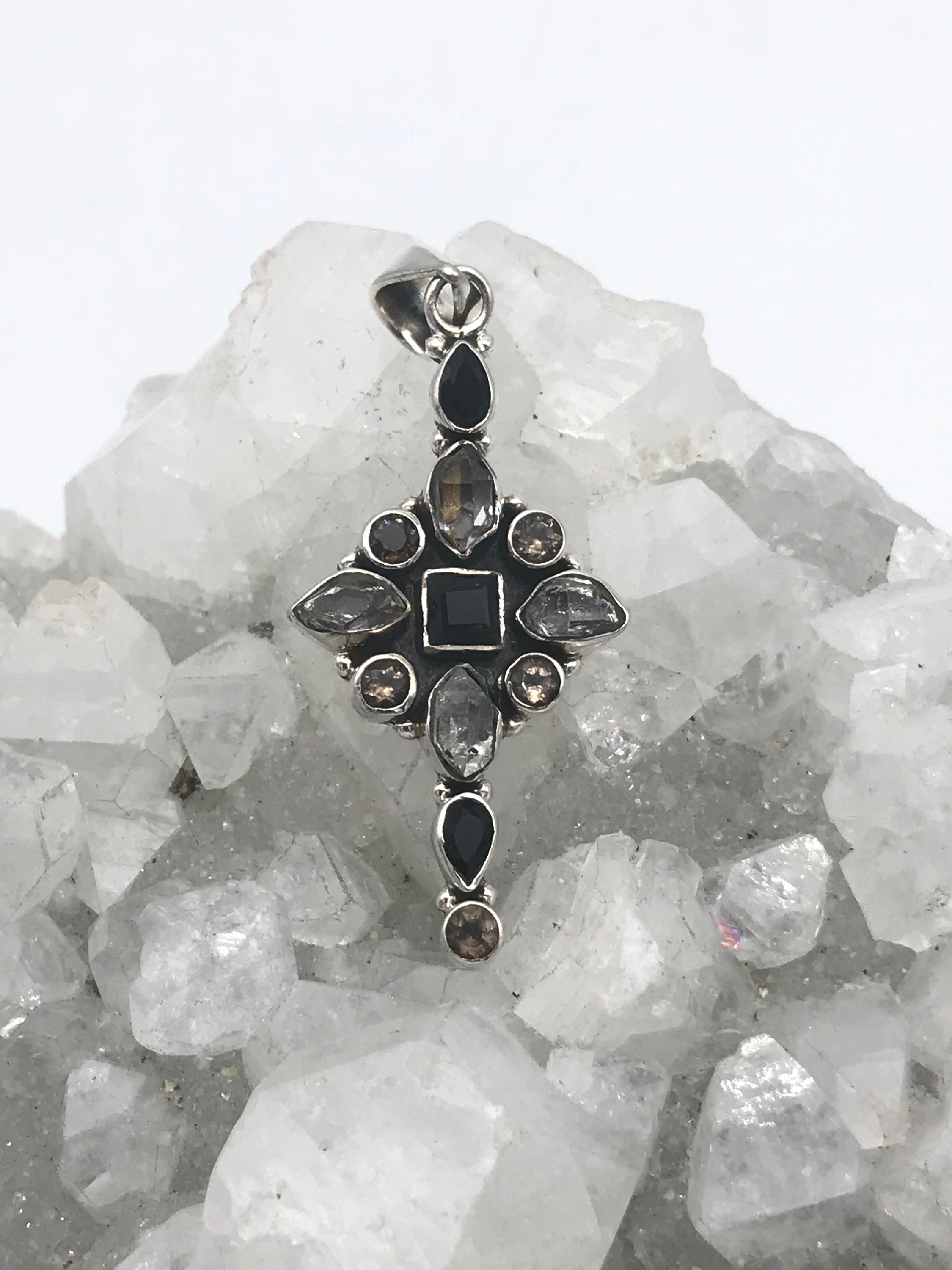 Herkimer Diamond, Smokey Topaz and Black Onyx Cross Pendant