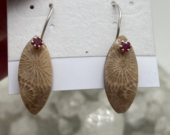 Fossilized Coral and Garnet Earrings