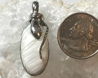 May include: A silver pendant featuring a white oval gemstone with a silver snake design. The pendant is about the size of a US quarter.