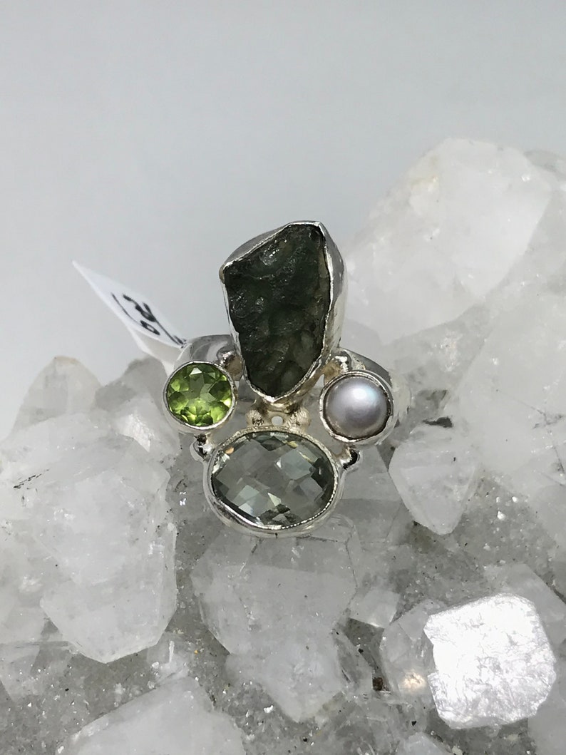 Green Amethyst Peridot Natural Green Moldavite and Pearl Ring Size 6 34
