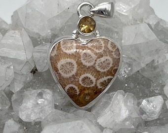 Beautiful Fossilized Coral and Citrine Heart Pendant