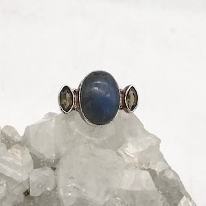 CLEARANCE *Labradorite and Smokey Brown Crystal Ring, Size 6 1/2