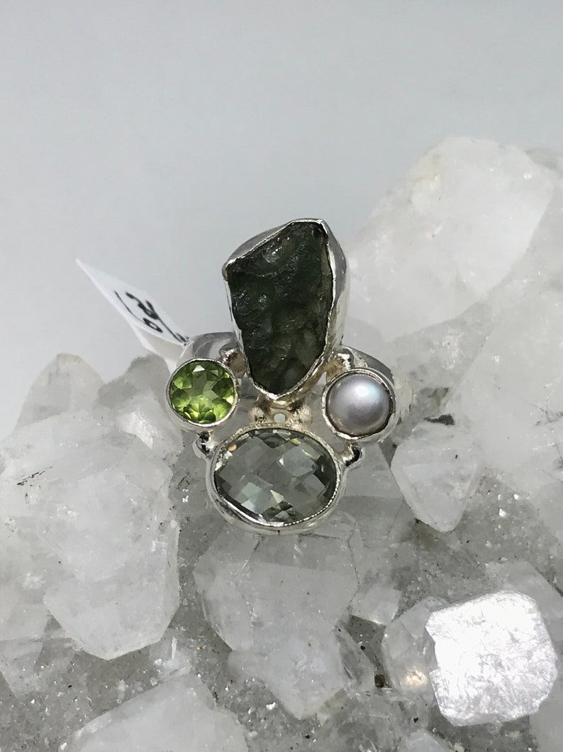Green Amethyst Peridot Natural Green Moldavite and Pearl Ring Size 6 34