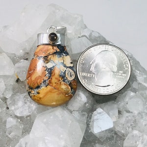 May include: A teardrop-shaped pendant with a silver bail and a small brown stone. The pendant features a mix of tan, brown, and white patterns. A U.S. quarter is next to the pendant for size comparison. The pendant is likely a piece of jewelry.