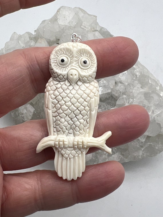 Large Carved Bovine Bone Owl Pendant - image 2