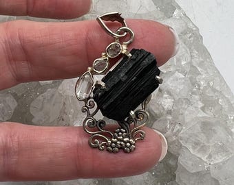 Black Tourmaline Rough and Herkimer Diamond Pendant