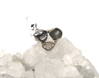 Natural Green Moldavite, Herkimer Diamond and Meteorite Ring, Size 5 1/2
