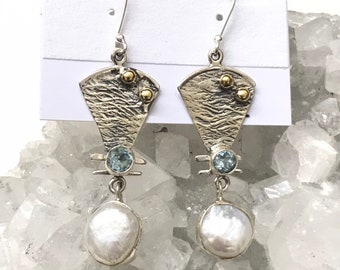 Abstract Pearl and Blue Topaz Earrings