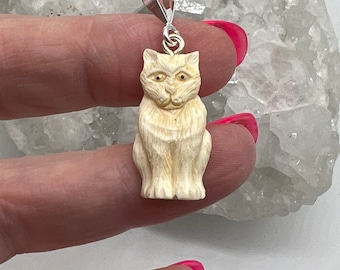 Carved Bovine Bone Cat Pendant