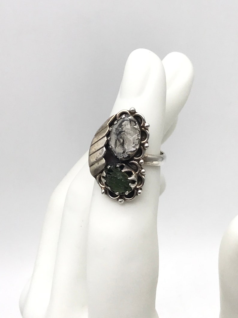 Natural Green Moldavite and Herkimer Diamond Ring Size 7