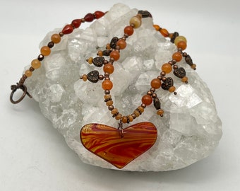 Carnelian and Glass Heart Beaded Necklace-19"