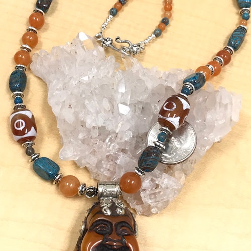 Lucite shops Buddha with Carnelian and Chrysocolla Beaded Necklace