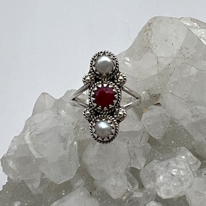 Gorgeous Ruby and Pearl Ring, Size 7