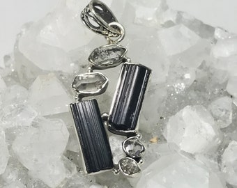 Rough Black Tourmaline and Herkimer Diamond-Pendant