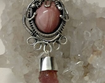 Wire Wrapped Pink Opal and Rough Rose Quartz Pendant
