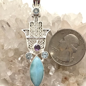 CLEARANCE Larimar, Amethyst, and Blue Topaz Hamsa Hand Pendant