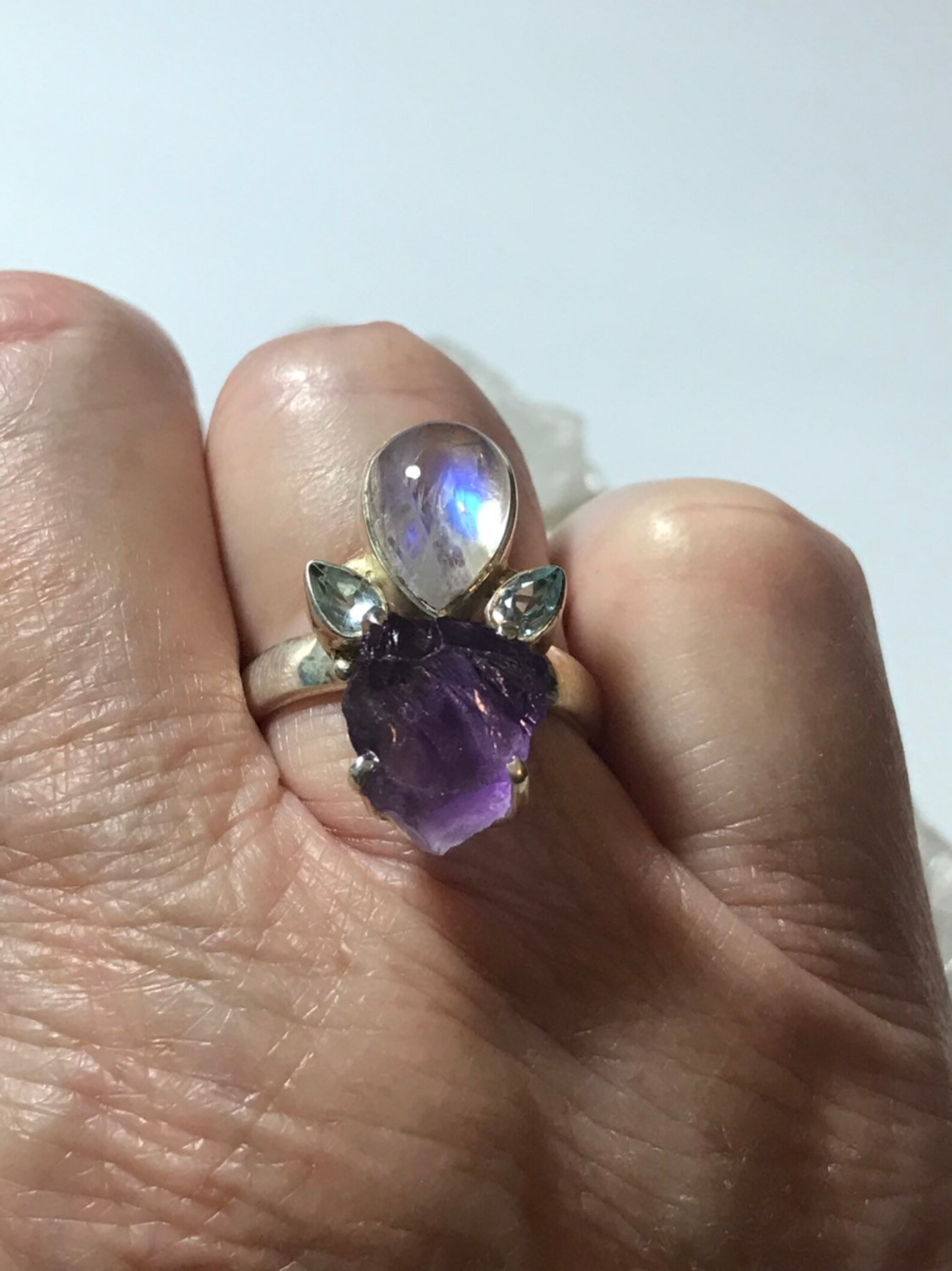 Natural Amethyst Rough Moonstone and & Blue Topaz Ring Size 9 Etsy