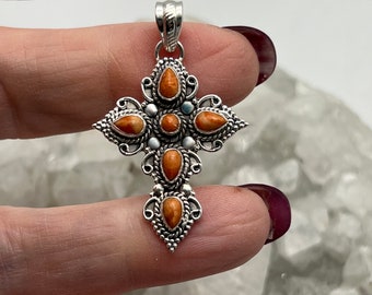 Italian Orange Coral Cross Pendant