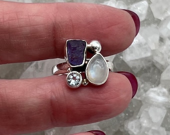Rough Tanzantite, Blue Topaz and Moonstone Ring, Size 6