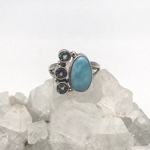 Larimar, Amethyst and Blue Topaz Ring, Size 7 1/2