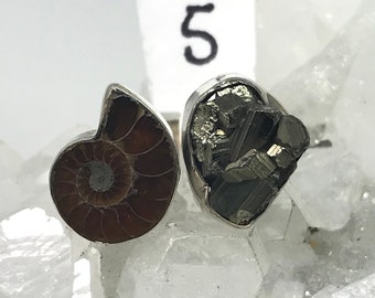 Fossil Ammonite and Pyrite Ring Size 5 - Adjustable